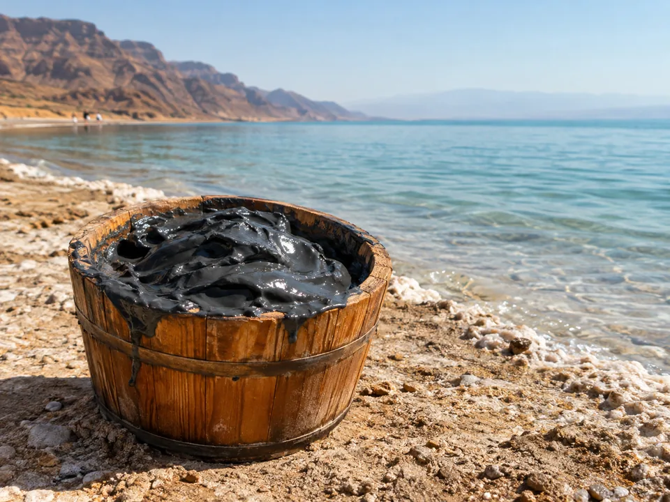 A wooden tub of glossy black mud on the sand beside the sea